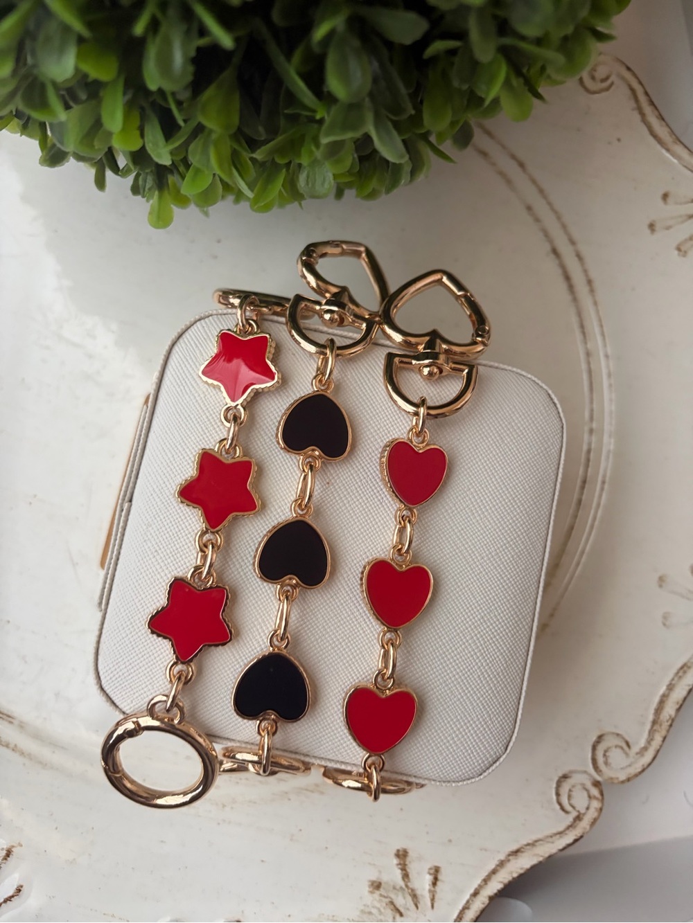 Gold Heart Link Keychain purse charm with Red or Black Enamel Hearts choose 1